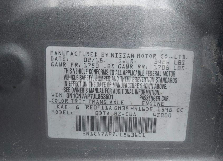 Photo 9 of 2018 Nissan Versa 1.6 SV (VIN 3N1CN7AP7JL863601)