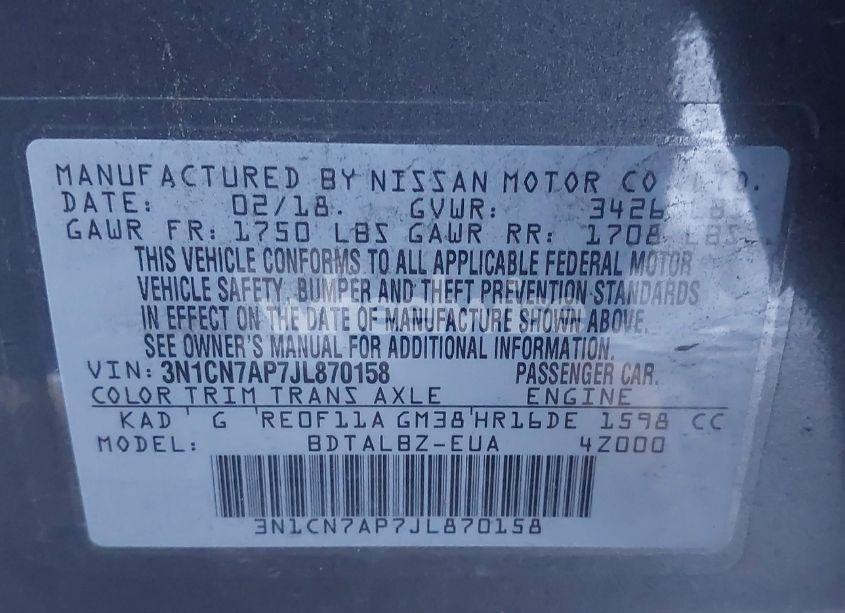 Photo 9 of 2018 Nissan Versa 1.6 SV (VIN 3N1CN7AP7JL870158)