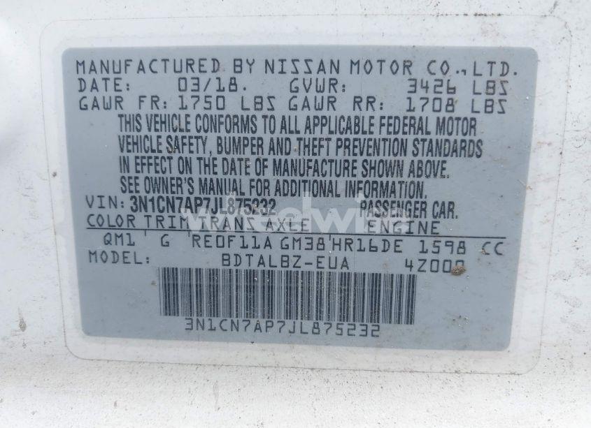 Photo 9 of 2018 Nissan Versa 1.6 SV (VIN 3N1CN7AP7JL875232)