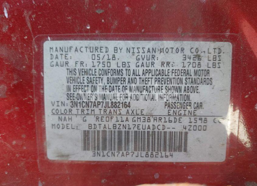 Photo 9 of 2018 Nissan Versa 1.6 SV (VIN 3N1CN7AP7JL882164)