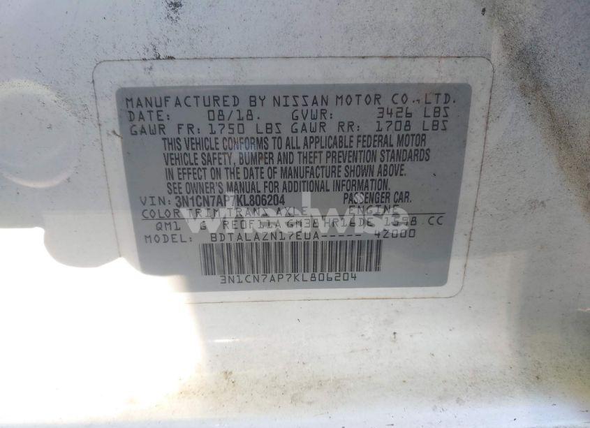 Photo 9 of 2019 Nissan Versa 1.6 S+ (VIN 3N1CN7AP7KL806204)