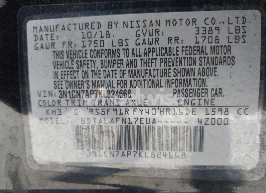 Photo 9 of 2019 Nissan Versa 1.6 S (VIN 3N1CN7AP7KL824668)