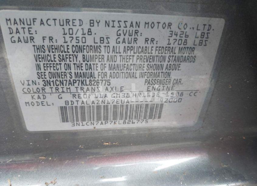 Photo 9 of 2019 Nissan Versa 1.6 S+ (VIN 3N1CN7AP7KL826775)