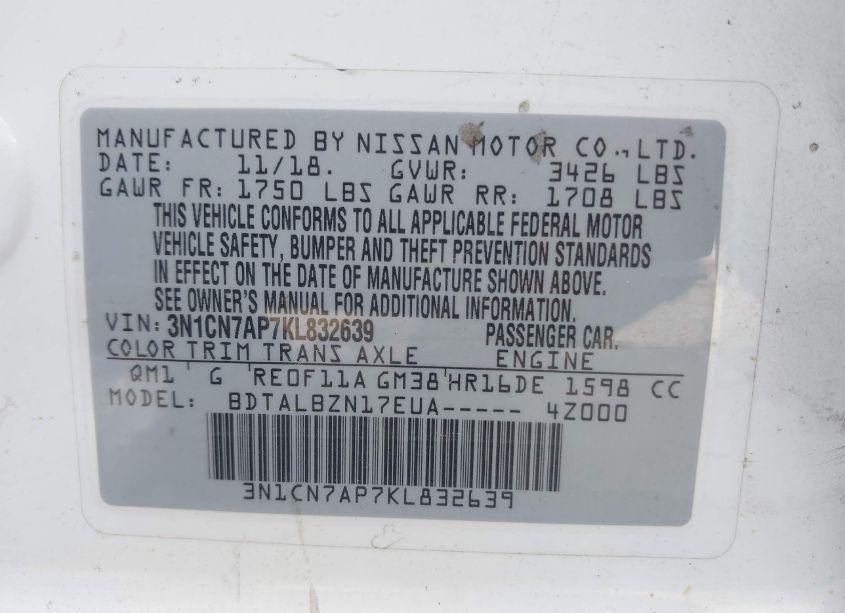 Photo 9 of 2019 Nissan Versa 1.6 SV (VIN 3N1CN7AP7KL832639)