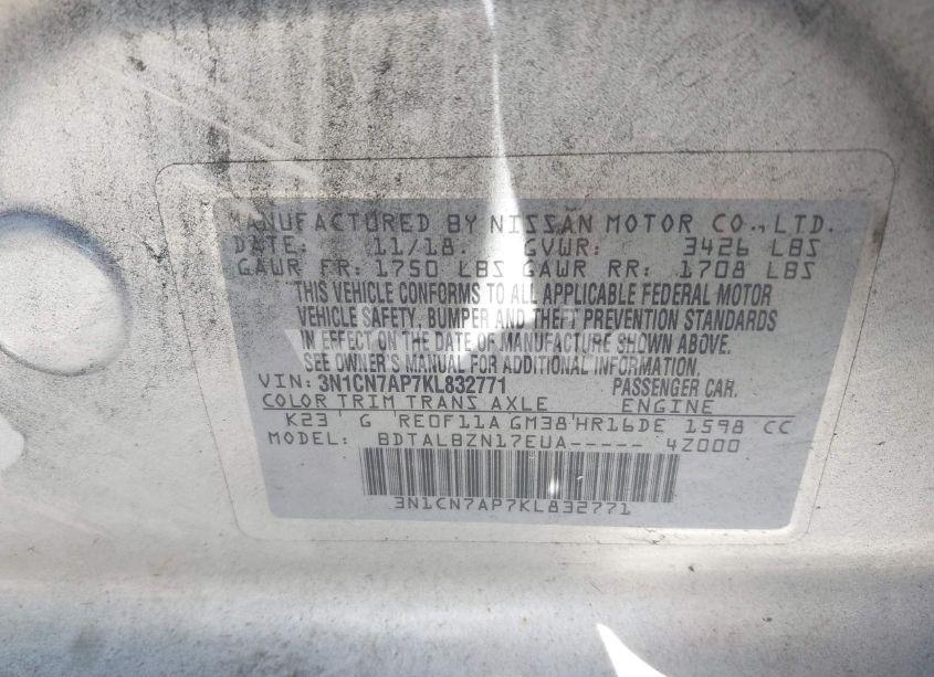 Photo 9 of 2019 Nissan Versa 1.6 SV (VIN 3N1CN7AP7KL832771)