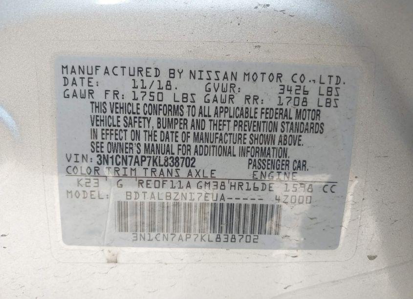 Photo 9 of 2019 Nissan Versa 1.6 SV (VIN 3N1CN7AP7KL838702)