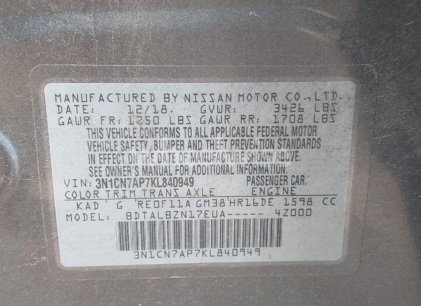 Photo 9 of 2019 Nissan Versa 1.6 SV (VIN 3N1CN7AP7KL840949)