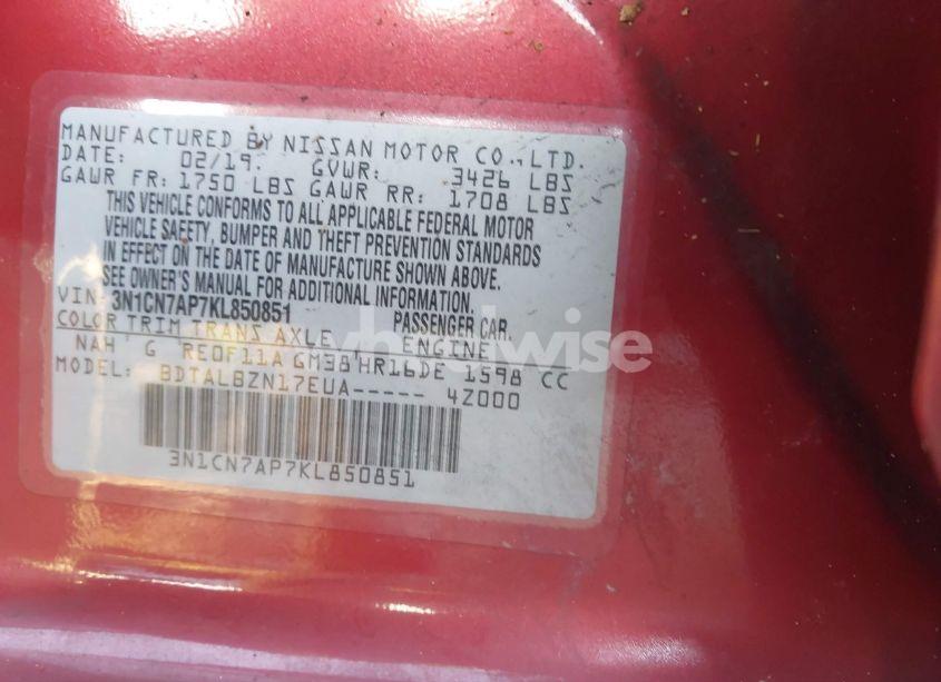 Photo 9 of 2019 Nissan Versa 1.6 SV (VIN 3N1CN7AP7KL850851)