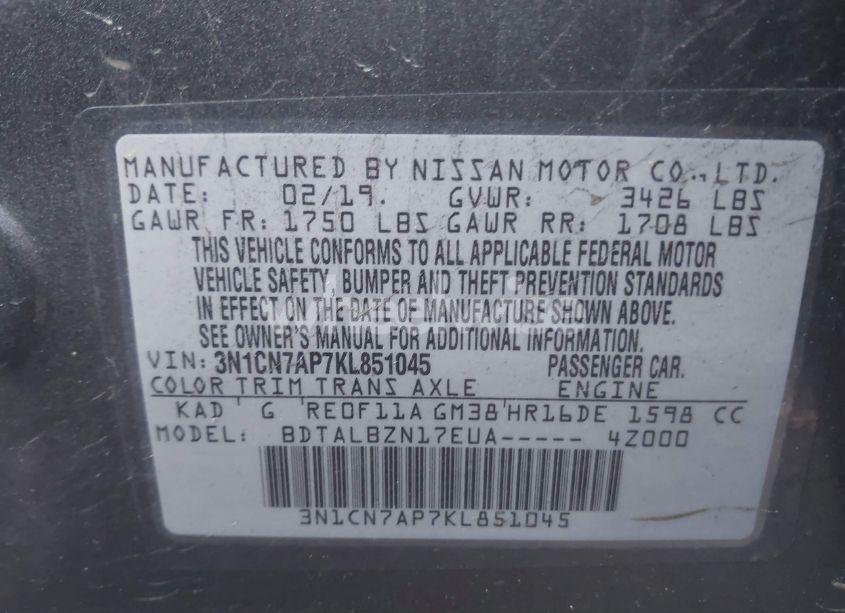 Photo 9 of 2019 Nissan Versa 1.6 SV (VIN 3N1CN7AP7KL851045)