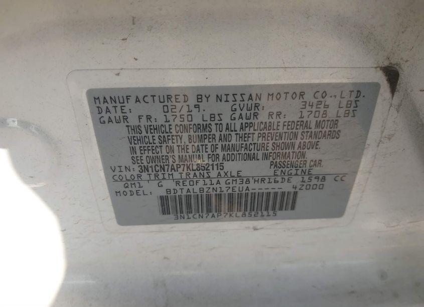 Photo 9 of 2019 Nissan Versa 1.6 SV (VIN 3N1CN7AP7KL852115)