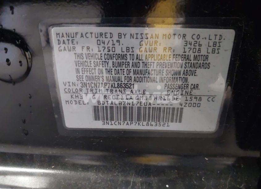 Photo 9 of 2019 Nissan Versa 1.6 SV (VIN 3N1CN7AP7KL863521)