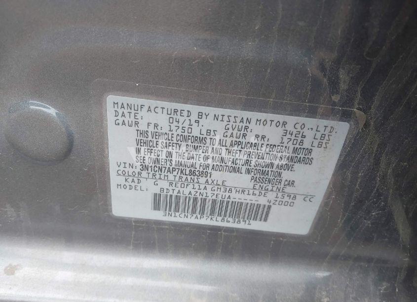 Photo 9 of 2019 Nissan Versa 1.6 S+ (VIN 3N1CN7AP7KL863891)