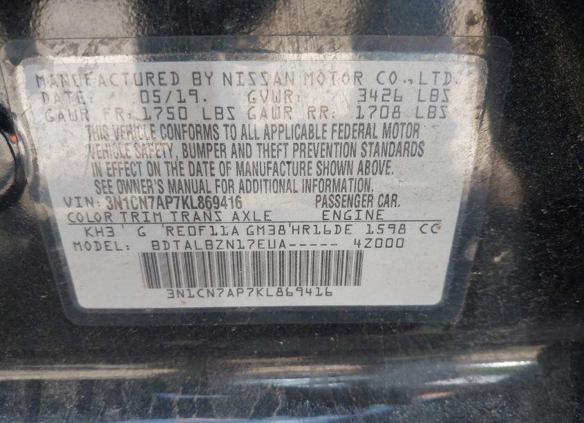 Photo 9 of 2019 Nissan Versa 1.6 SV (VIN 3N1CN7AP7KL869416)