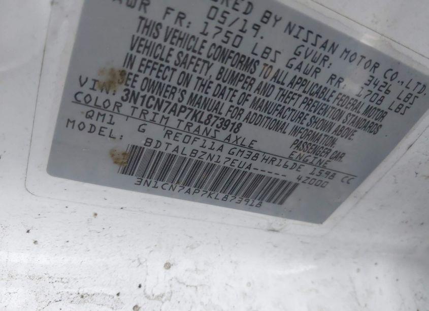 Photo 9 of 2019 Nissan Versa 1.6 SV (VIN 3N1CN7AP7KL873918)