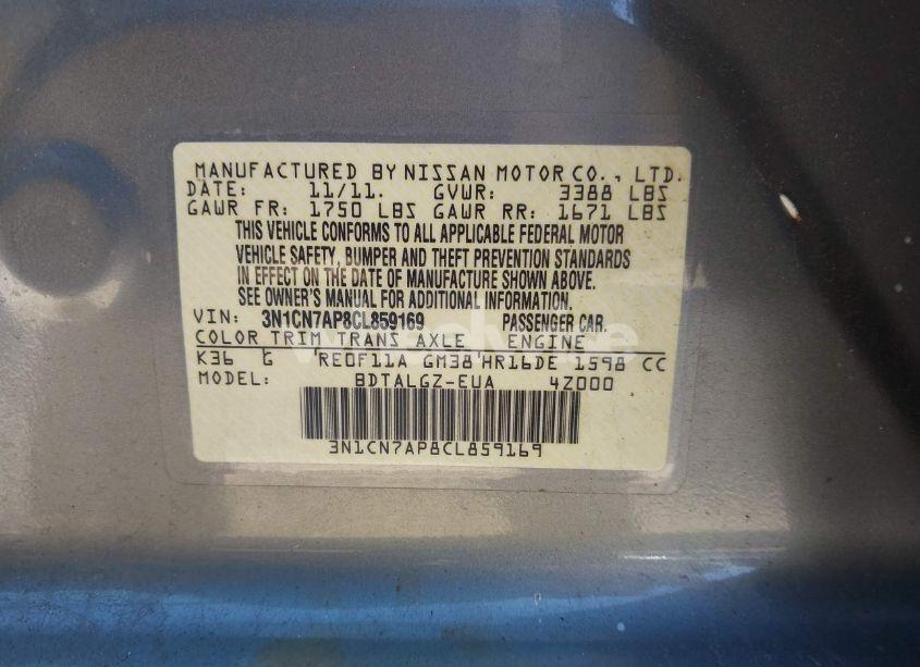 Photo 9 of 2012 Nissan Versa 1.6 SL (VIN 3N1CN7AP8CL859169)