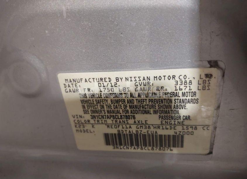 Photo 9 of 2012 Nissan Versa 1.6 SV (VIN 3N1CN7AP8CL878076)