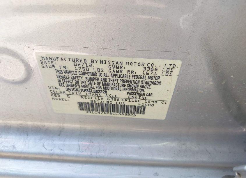 Photo 9 of 2012 Nissan Versa 1.6 SV (VIN 3N1CN7AP8CL883228)