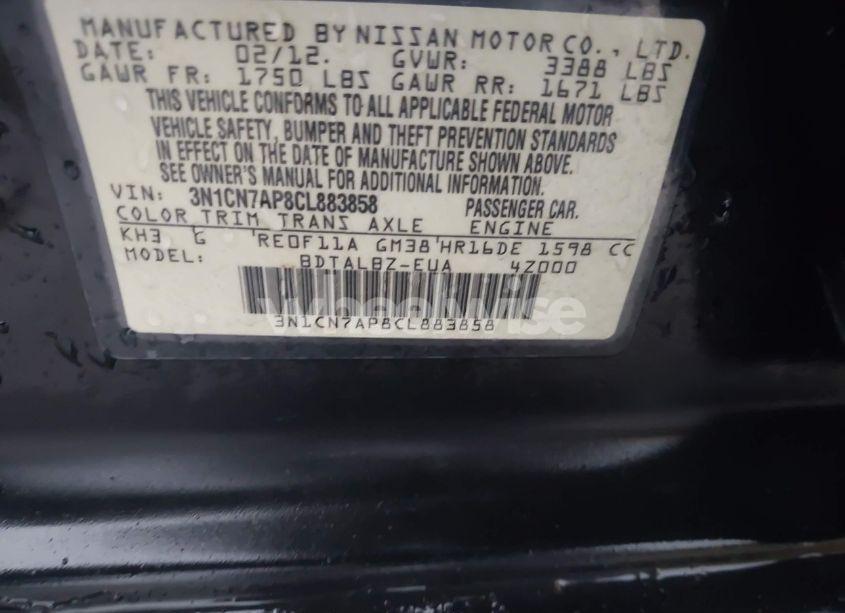 Photo 9 of 2012 Nissan Versa 1.6 SV (VIN 3N1CN7AP8CL883858)