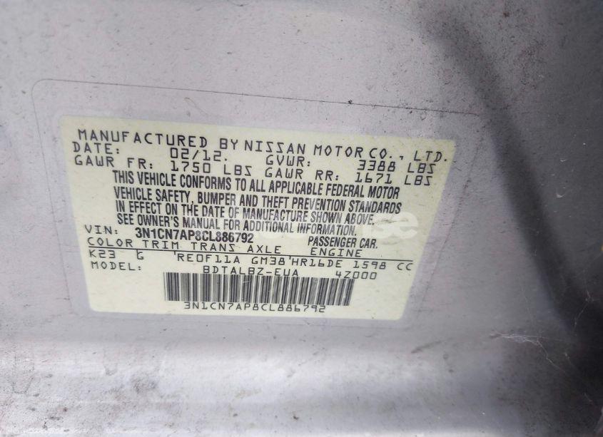 Photo 9 of 2012 Nissan Versa 1.6 SV (VIN 3N1CN7AP8CL886792)