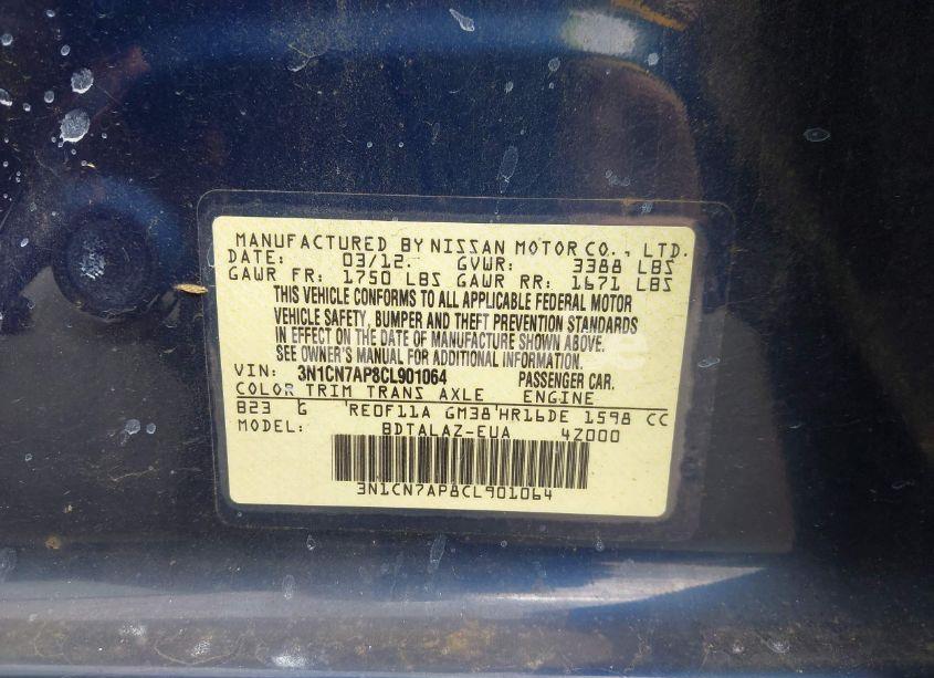 Photo 9 of 2012 Nissan Versa 1.6 S (VIN 3N1CN7AP8CL901064)