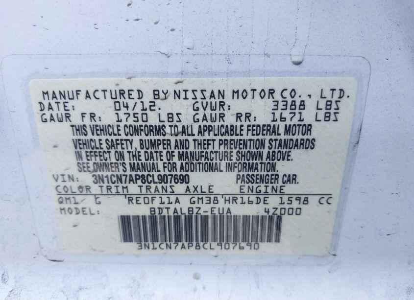 Photo 9 of 2012 Nissan Versa 1.6 SV (VIN 3N1CN7AP8CL907690)