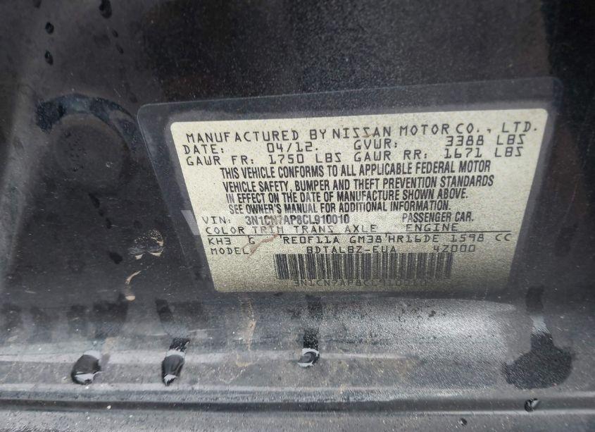 Photo 9 of 2012 Nissan Versa 1.6 SV (VIN 3N1CN7AP8CL910010)