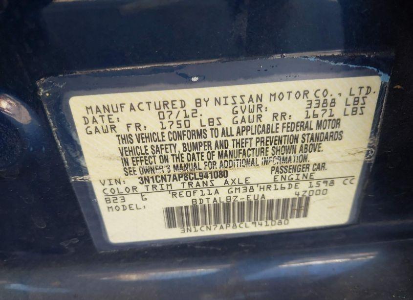 Photo 9 of 2012 Nissan Versa S/SV/SL (VIN 3N1CN7AP8CL941080)