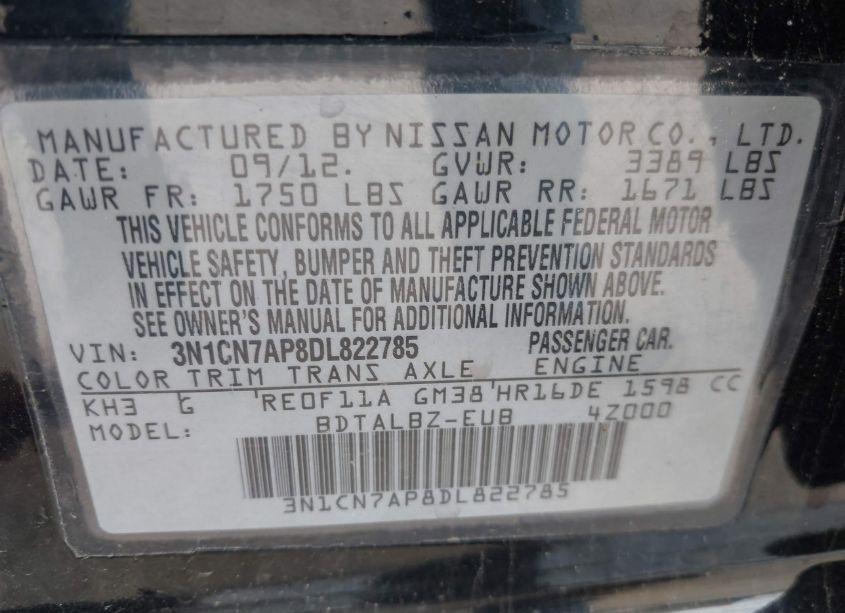 Photo 9 of 2013 Nissan Versa 1.6 SV (VIN 3N1CN7AP8DL822785)