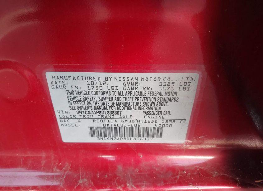 Photo 9 of 2013 Nissan Versa 1.6 SV (VIN 3N1CN7AP8DL838307)