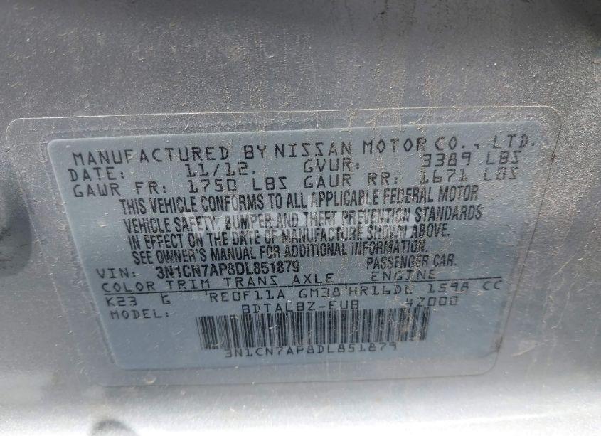 Photo 9 of 2013 Nissan Versa 1.6 SV (VIN 3N1CN7AP8DL851879)