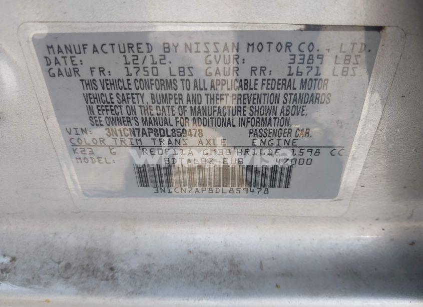 Photo 9 of 2013 Nissan Versa 1.6 SV (VIN 3N1CN7AP8DL859478)