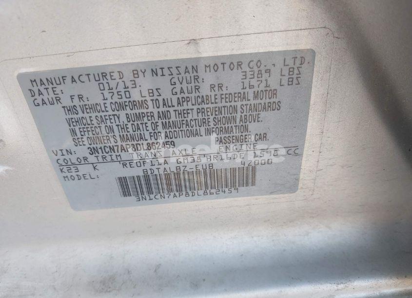 Photo 9 of 2013 Nissan Versa 1.6 SV (VIN 3N1CN7AP8DL862459)