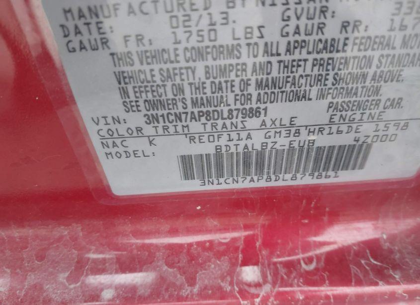 Photo 9 of 2013 Nissan Versa 1.6 SV (VIN 3N1CN7AP8DL879861)