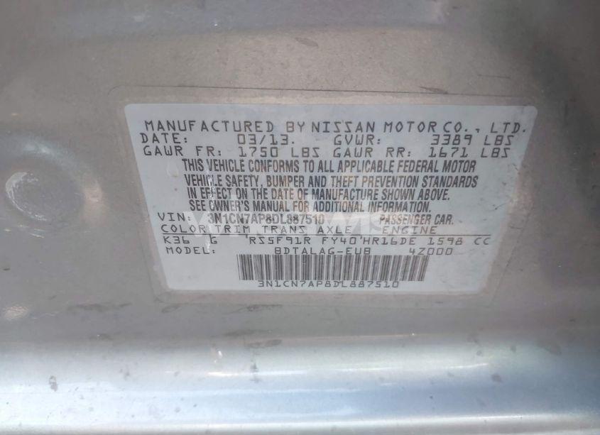 Photo 9 of 2013 Nissan Versa 1.6 S (VIN 3N1CN7AP8DL887510)