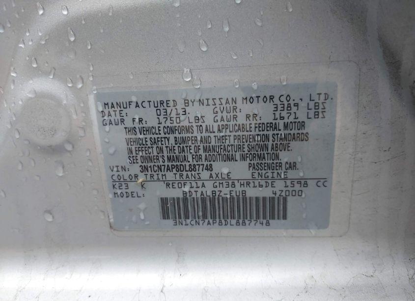 Photo 9 of 2013 Nissan Versa 1.6 SV (VIN 3N1CN7AP8DL887748)