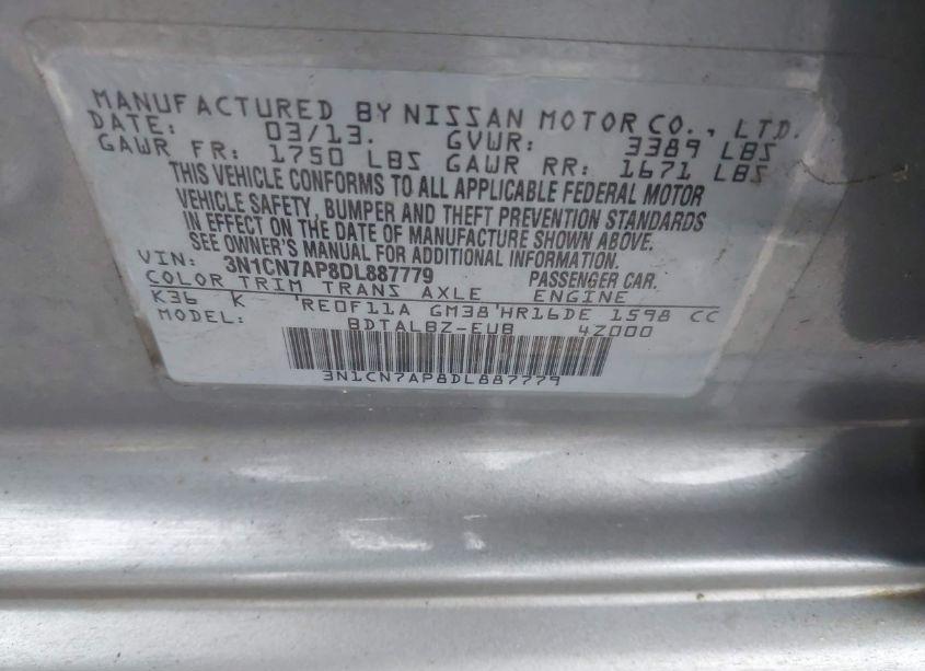 Photo 9 of 2013 Nissan Versa 1.6 SV (VIN 3N1CN7AP8DL887779)