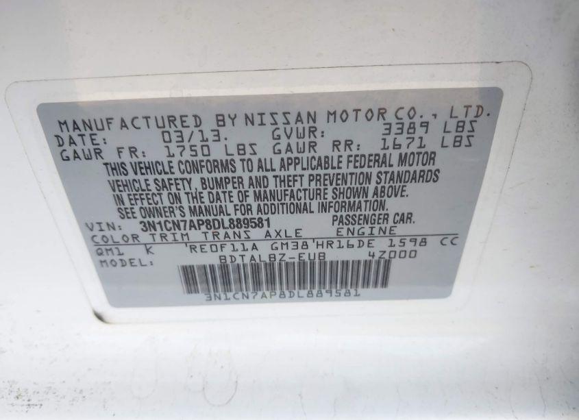 Photo 9 of 2013 Nissan Versa 1.6 SV (VIN 3N1CN7AP8DL889581)