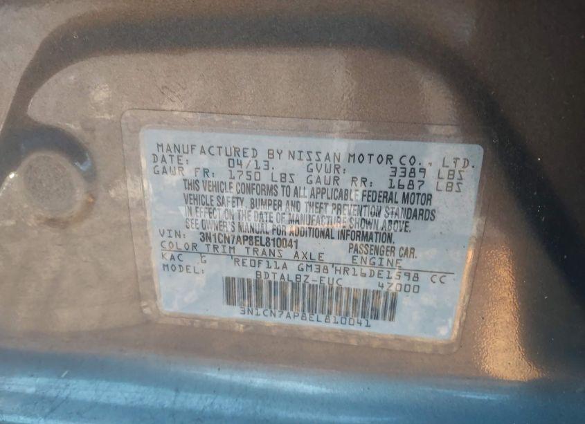 Photo 9 of 2014 Nissan Versa 1.6 SV (VIN 3N1CN7AP8EL810041)