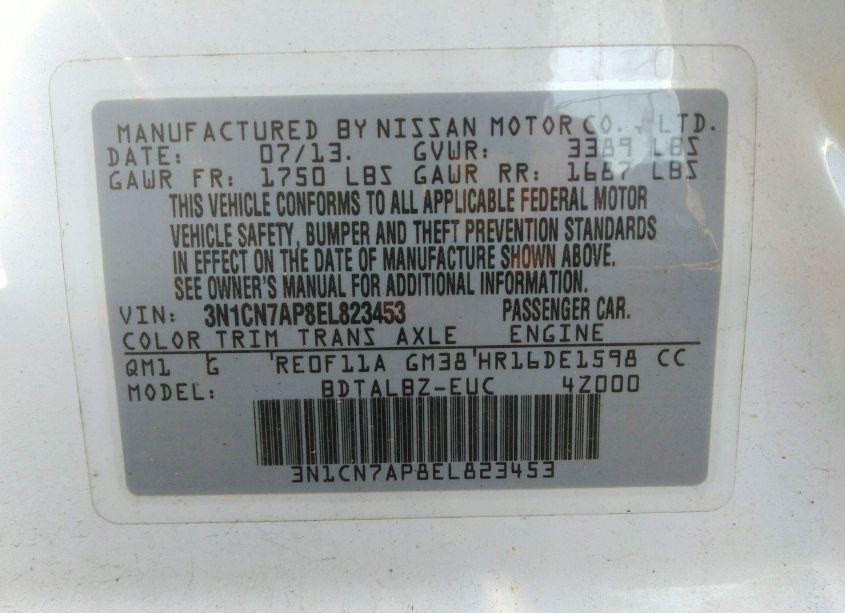 Photo 9 of 2014 Nissan Versa 1.6 SV (VIN 3N1CN7AP8EL823453)