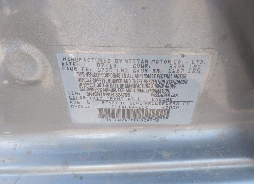 Photo 9 of 2014 Nissan Versa 1.6 S (VIN 3N1CN7AP8EL824795)