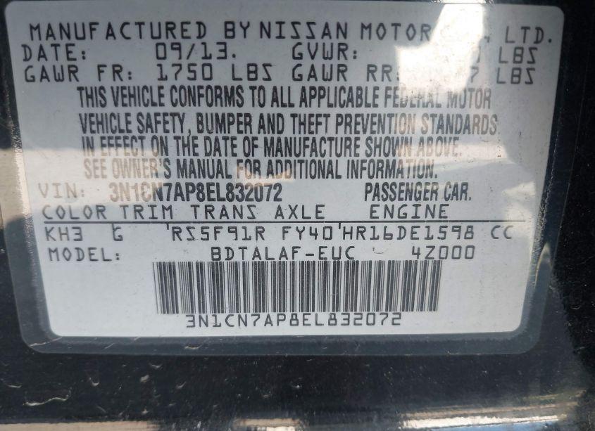 Photo 9 of 2014 Nissan Versa 1.6 S (VIN 3N1CN7AP8EL832072)