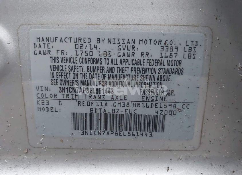 Photo 9 of 2014 Nissan Versa 1.6 SV (VIN 3N1CN7AP8EL861443)