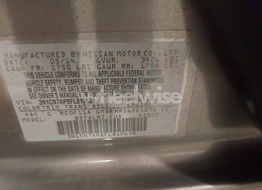 Photo 9 of 2015 Nissan Versa 1.6 S/1.6 S+/1.6 SL/1.6 SV (VIN 3N1CN7AP8FL810638)