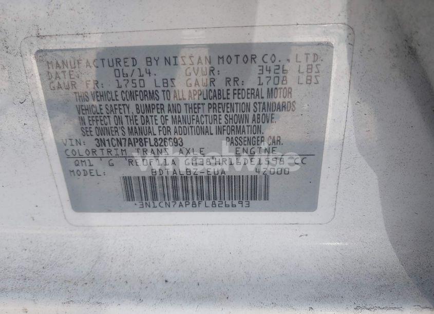 Photo 9 of 2015 Nissan Versa 1.6 S/1.6 S+/1.6 SL/1.6 SV (VIN 3N1CN7AP8FL826693)