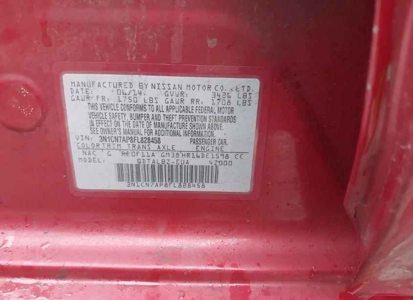 Photo 9 of 2015 Nissan Versa 1.6 SV (VIN 3N1CN7AP8FL828458)