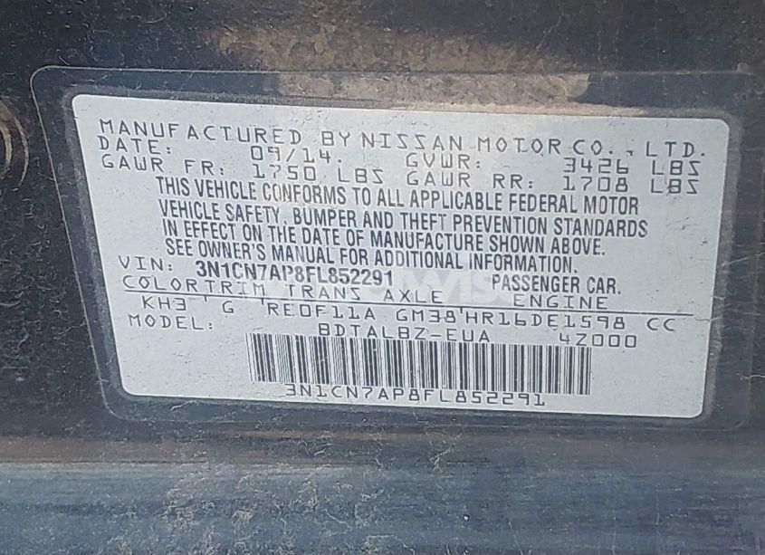 Photo 9 of 2015 Nissan Versa 1.6 S/1.6 S+/1.6 SL/1.6 SV (VIN 3N1CN7AP8FL852291)