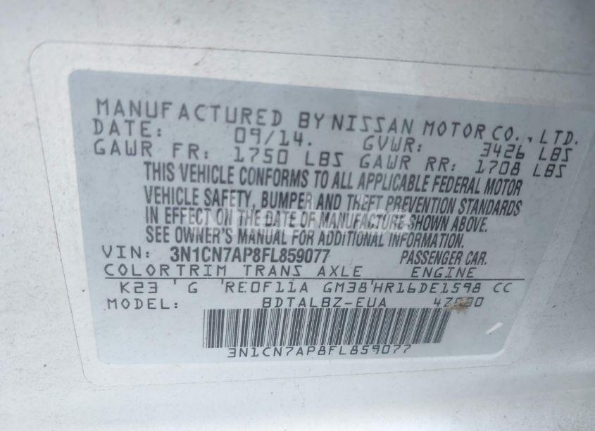 Photo 9 of 2015 Nissan Versa 1.6 S/1.6 S+/1.6 SL/1.6 SV (VIN 3N1CN7AP8FL859077)