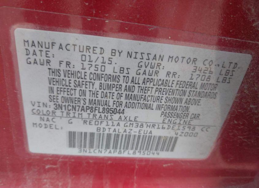 Photo 9 of 2015 Nissan Versa 1.6 S+ (VIN 3N1CN7AP8FL895044)