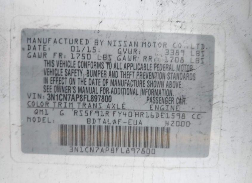 Photo 9 of 2015 Nissan Versa 1.6 S (VIN 3N1CN7AP8FL897800)