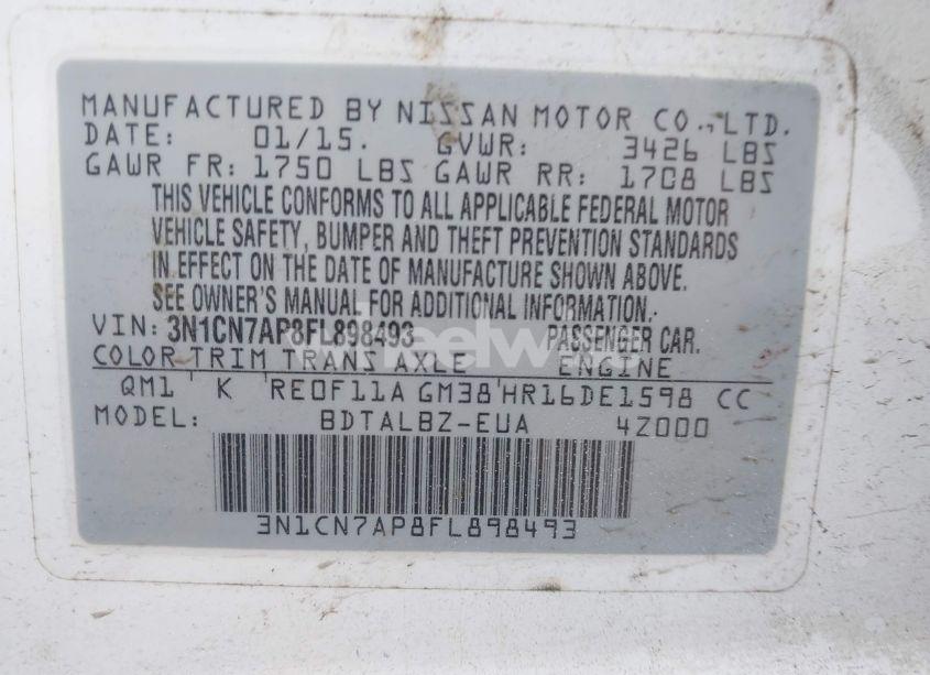 Photo 9 of 2015 Nissan Versa 1.6 SV (VIN 3N1CN7AP8FL898493)